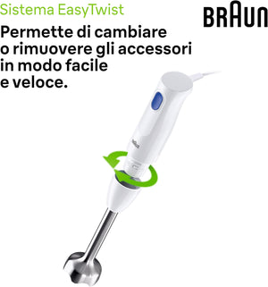 Braun MultiQuick 1 MQ10.201MWH con 5 ANNI DI ASSISTENZA, Frullatore ad Immersione Leggero, Tecnologia EasyTwist, Tritatutto da 350ml e Bicchiere da 600ml Inclusi, 450W, Bianco
