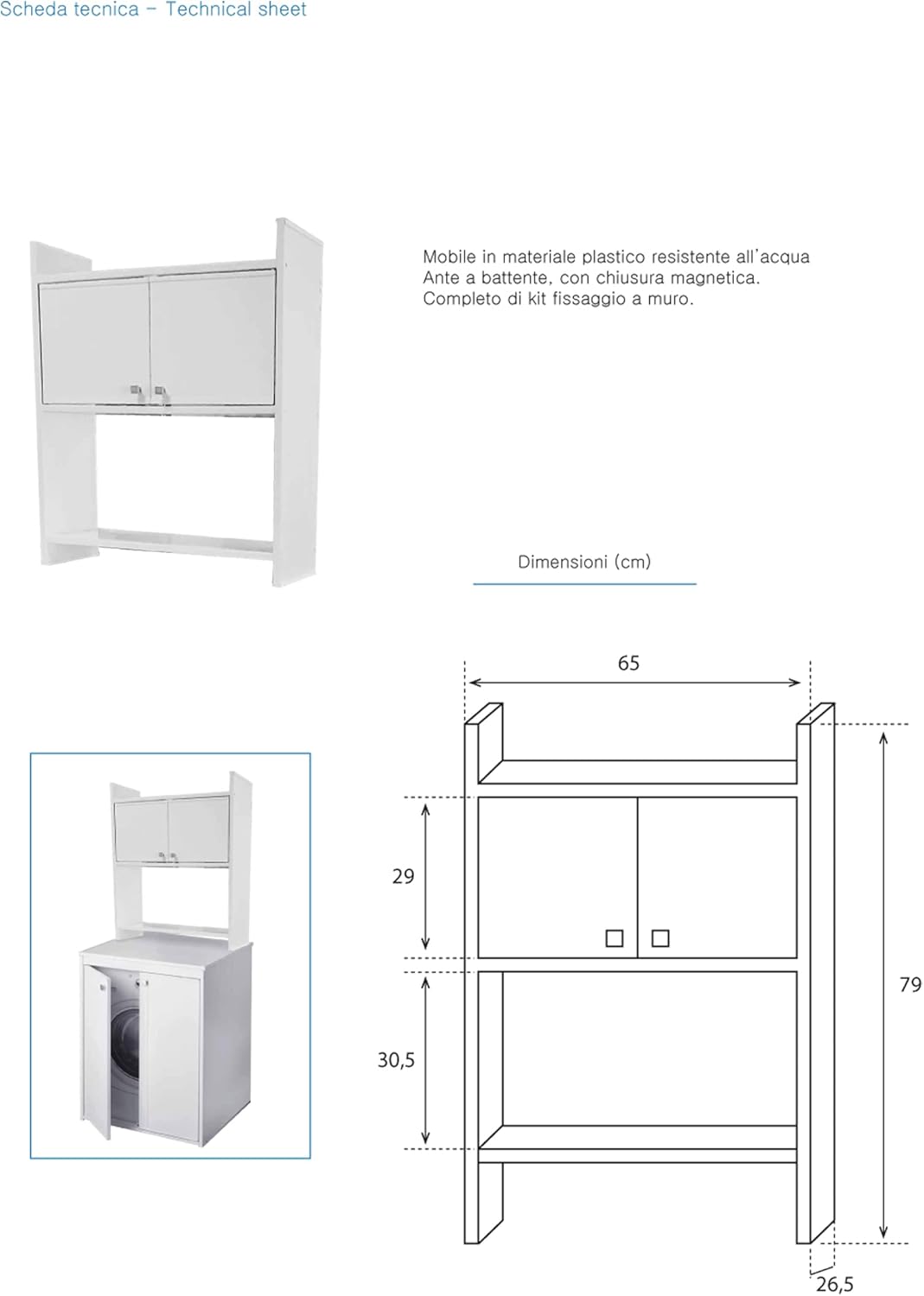 Negrari 5012P/5017P Mobile coprilavatrice con scaffale portaoggetti, Resistente all'umidità, Kit di Fissaggio a Muro Incluso, Interno e Esterno, L70 x P60 x H94, Bianco, 70 X 60 X 94