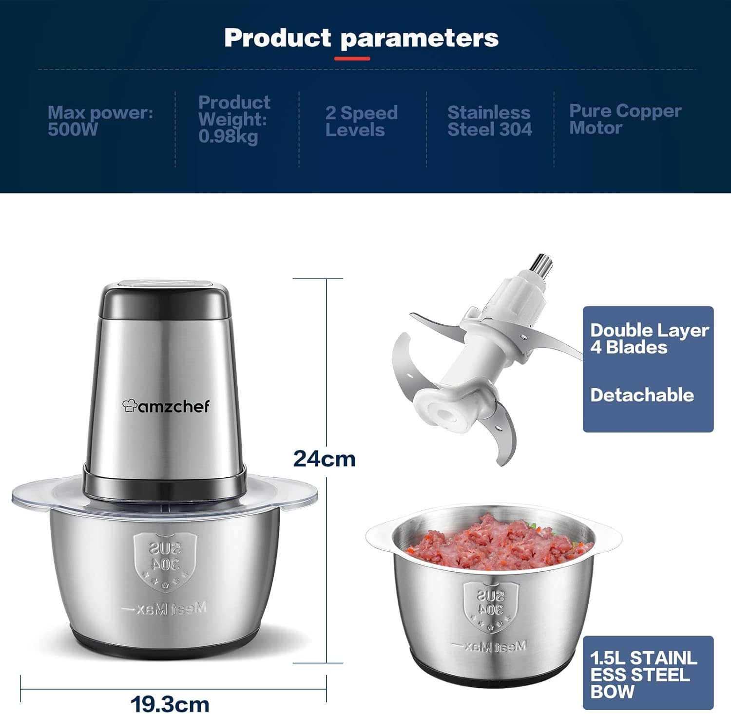 AMZCHEF Tritatutto da Cucina Elettrico, 500W, Mini Tritatutto con Ciotola in Acciaio Inox da 1.5L, 4 Lame Affilate, Multifunzione Tritatutto per Frutta Verdura Carne Spezie