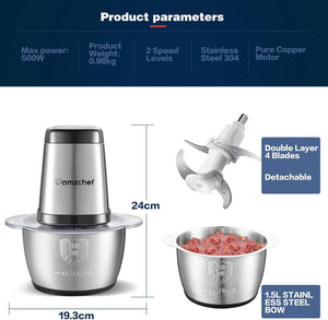 AMZCHEF Tritatutto da Cucina Elettrico, 500W, Mini Tritatutto con Ciotola in Acciaio Inox da 1.5L, 4 Lame Affilate, Multifunzione Tritatutto per Frutta Verdura Carne Spezie