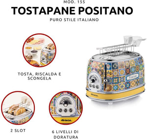 Ariete 155 Tostapane Positano, 810W, 2 fette, 6 livelli di doratura, Vassoio raccogli briciole, Funzione defrost, Espulsione automatica