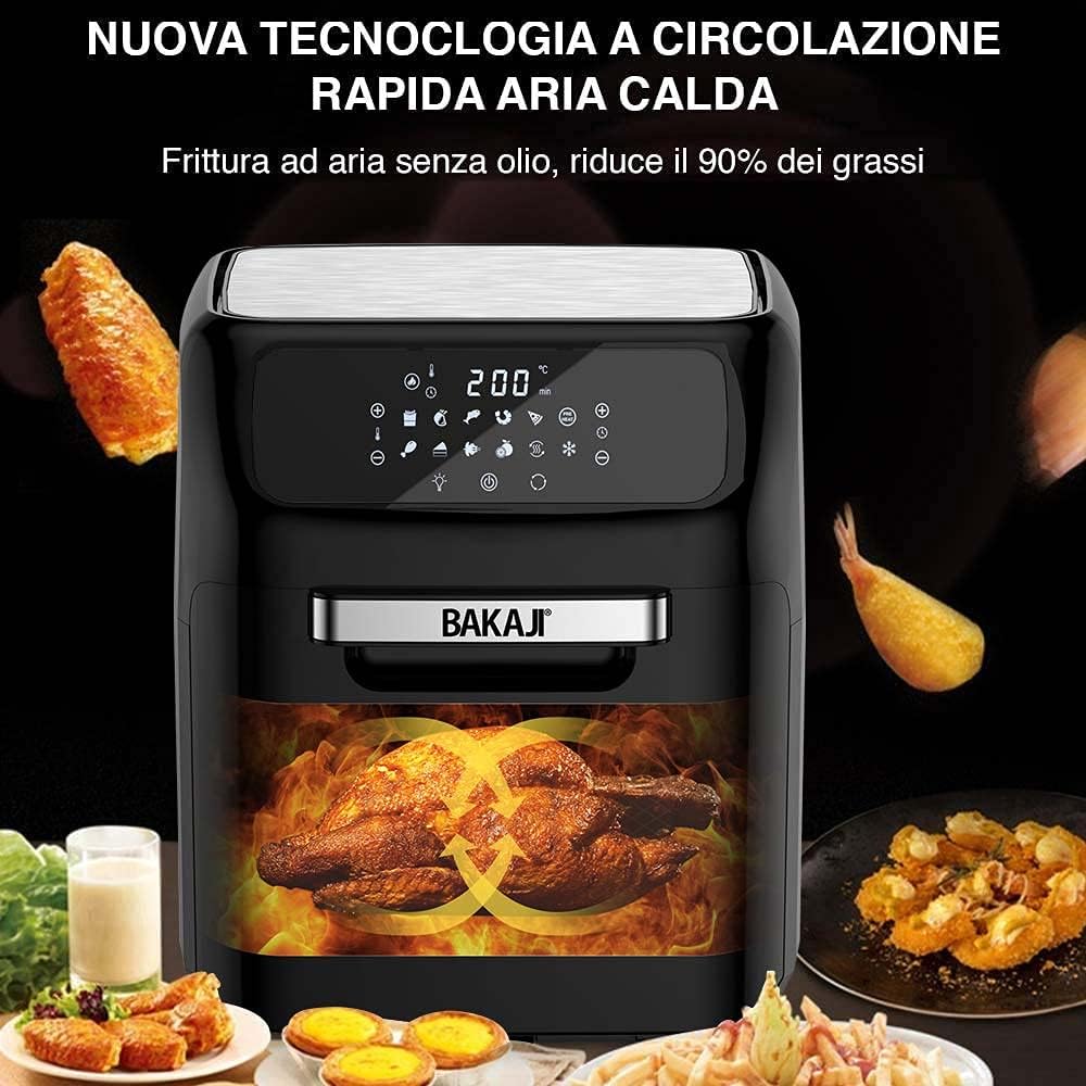 Bakaji Forno Friggitrice ad Aria Calda Frigge Cuoce Griglia Essicca Senza Olio Airfryer Capacità 12Lt Display LED Touch 12 Programmi Timer Regolazione Temperatura Potenza 1800W (Nero)