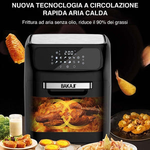Bakaji Forno Friggitrice ad Aria Calda Frigge Cuoce Griglia Essicca Senza Olio Airfryer Capacità 12Lt Display LED Touch 12 Programmi Timer Regolazione Temperatura Potenza 1800W (Nero)
