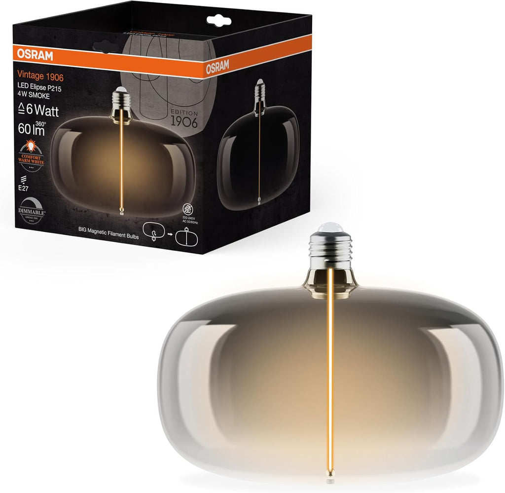 OSRAM Vintage 1906 Big Elipse è una lampada LED dimmerabile con filamento a forma di ellisse. Offre 4 W per 60 lm, attacco E27, design fumé, diametro 215 mm, resa cromatica CRI 80, 1800 K.