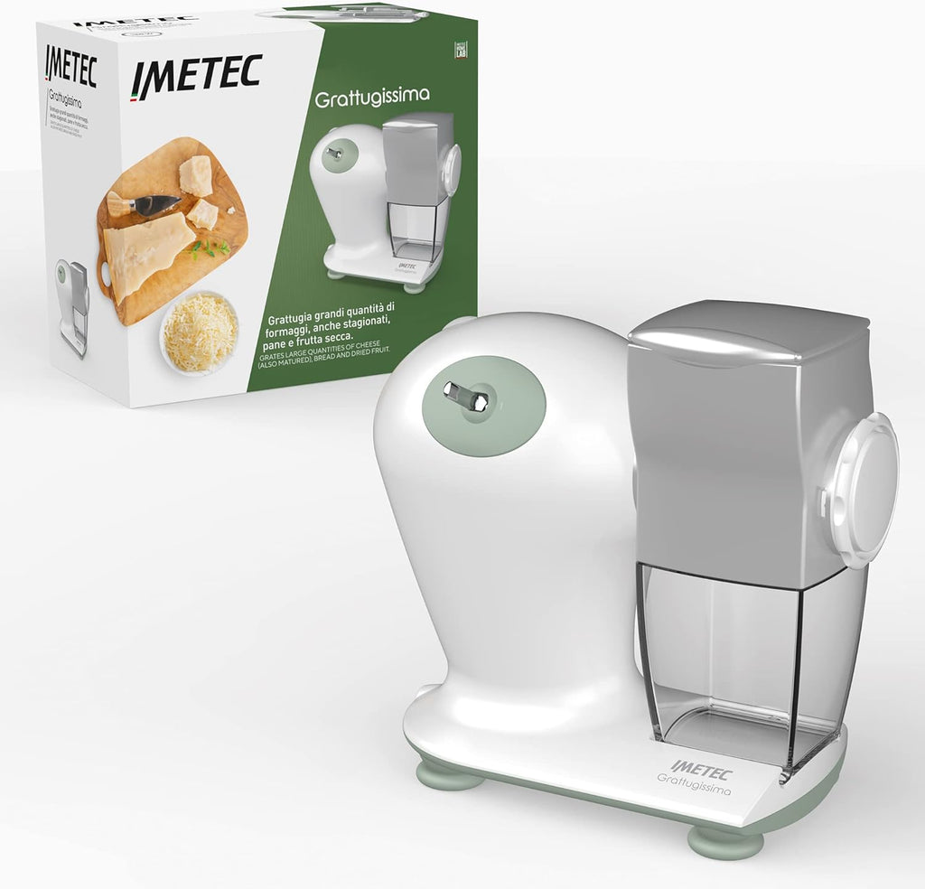 Imetec Grattugissima, Grattugia Elettrica per Formaggio, Pane e Frutta Secca, Contenitore Estraibile, Coperchio Salvafreschezza, 150 W, Rullo in Acciaio, Accessori Lavabili in Lavastoviglie