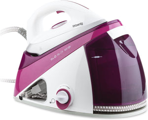 H.Koenig Ferro da stiro con caldaia V26, alta pressione 6 bar, vapore continuo 150 g/min, autonomia illimitata, stiratura verticale, piastra in ceramica EasyGlide, potente 2400W, 1,1L, anticalcare
