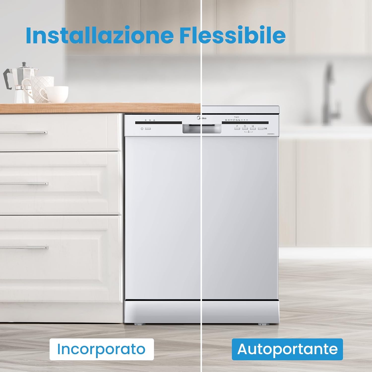 Midea MFD60S121W-IT Lavastoviglie Libera Installazione con 12 coperti, 6 Programmi, Partenza Ritardata, Funzione di Mezzo Carico, 60 cm - Bianco