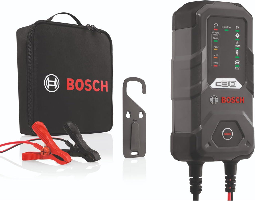 Bosch C30 Caricabatterie per Auto, 6 V - 12 V / 3,8 A, con Carica di Mantenimento - per Batterie al Piombo-Acido, EFB, GEL, AGM e SLI da 6 V/12 V