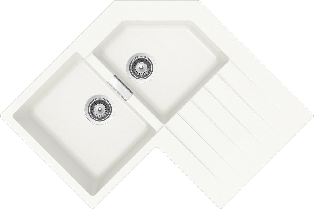 SCHOCK | Lavello Cucina Primus C200 2 Vasche Sinistre, Lavello Angolare con Gocciolatoio, Materiale Cristalite®, Bianco Assoluto, 840x840x500cm