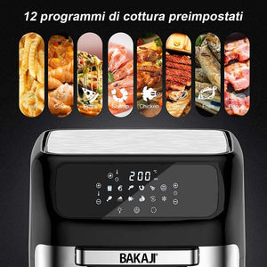 Bakaji Forno Friggitrice ad Aria Calda Frigge Cuoce Griglia Essicca Senza Olio Airfryer Capacità 12Lt Display LED Touch 12 Programmi Timer Regolazione Temperatura Potenza 1800W (Nero)