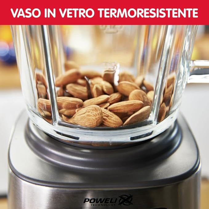 Moulinex LM811D PerfectMix + Blender Frullatore Tritatutto Elettrico, Tecnologia Powelix, Multifunzione, 1200W, Capacità totale 2L (utile 1.5L), 3 Programmi, Vaso in Vetro Termoresistente
