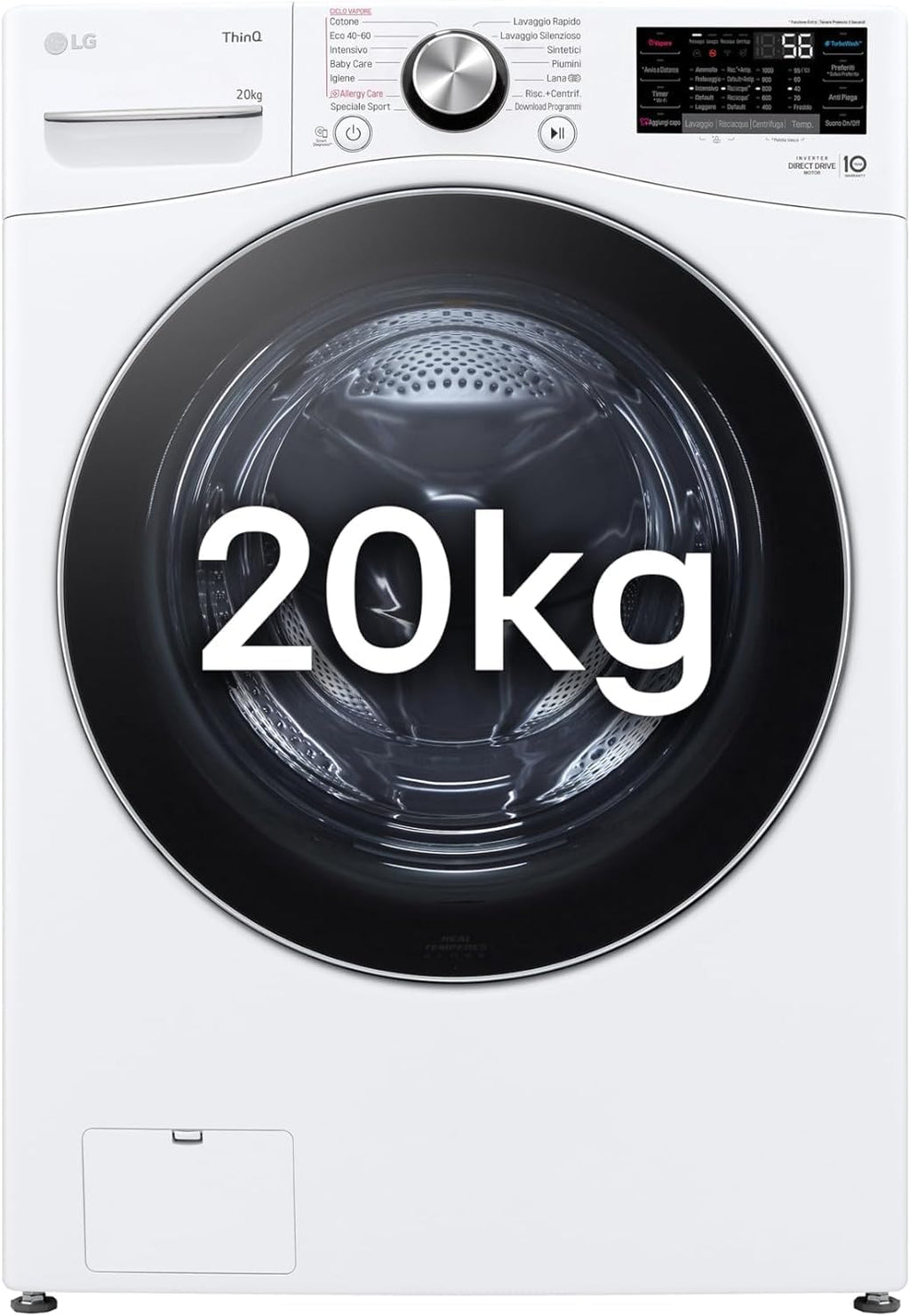 LG AI DD F0P3020TSWC Lavatrice 20kg, a Carica Frontale, Capacità XL Serie P3, Classe B, 1000 Giri, TurboWash 360, Vapore, Wi-Fi, Motore Inverter Direct Drive, Libera installazione, Bianco