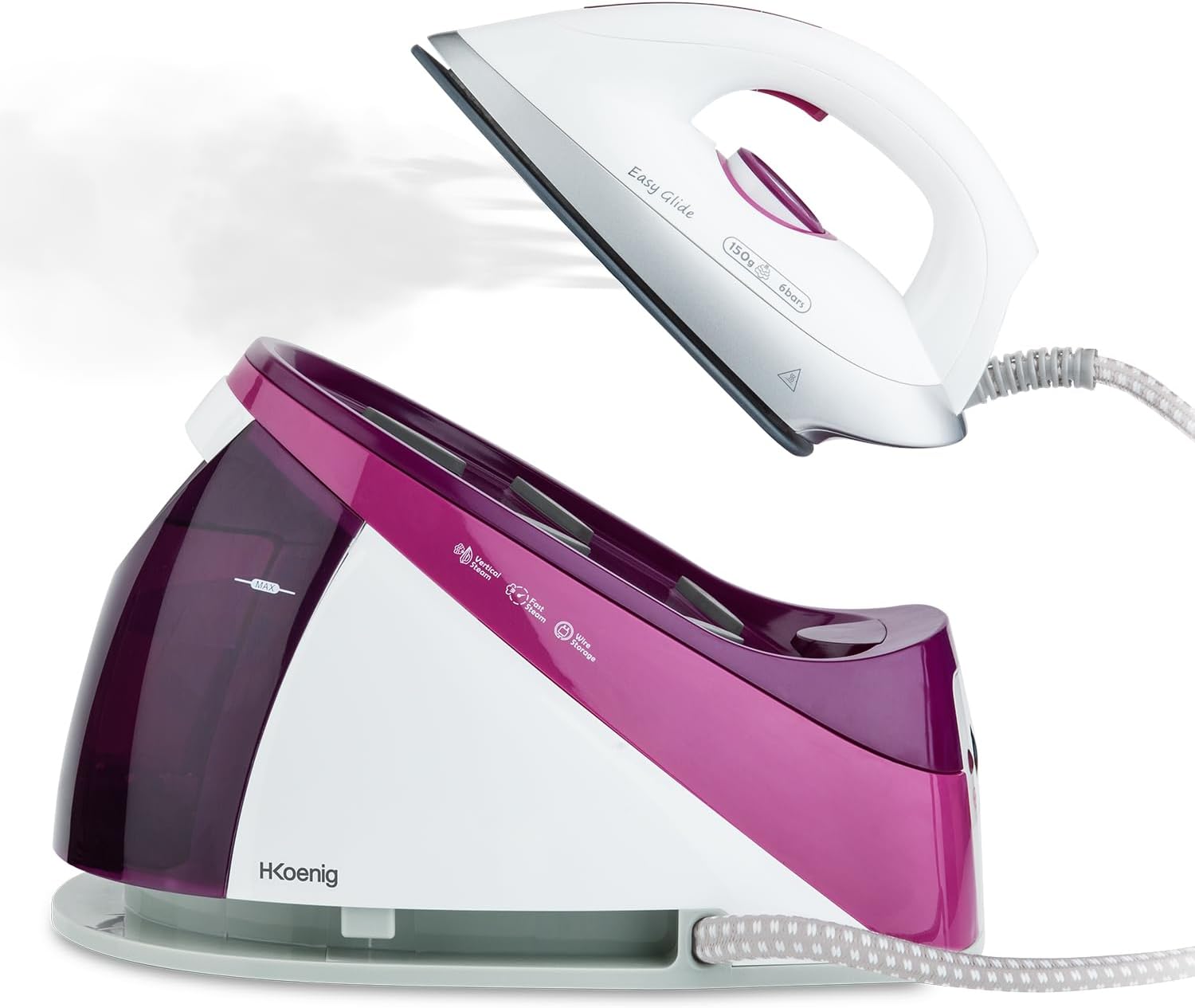 H.Koenig Ferro da stiro con caldaia V26, alta pressione 6 bar, vapore continuo 150 g/min, autonomia illimitata, stiratura verticale, piastra in ceramica EasyGlide, potente 2400W, 1,1L, anticalcare