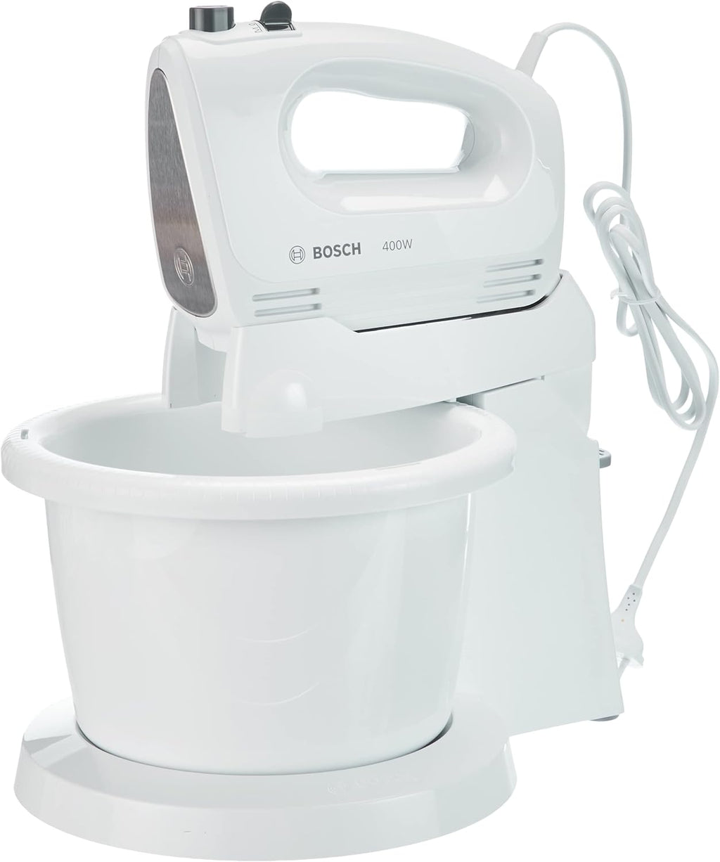Bosch CleverMixx - Sbattitore Elettrico con Ciotola da 3 L a Rotazione Automatica, 400 W, 4 Velocità e Turbo, Fruste e Ganci in Acciaio Inox per Impasti Morbidi e Duri