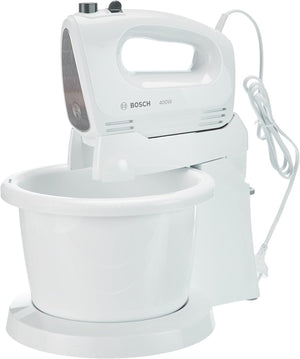 Bosch CleverMixx - Sbattitore Elettrico con Ciotola da 3 L a Rotazione Automatica, 400 W, 4 Velocità e Turbo, Fruste e Ganci in Acciaio Inox per Impasti Morbidi e Duri