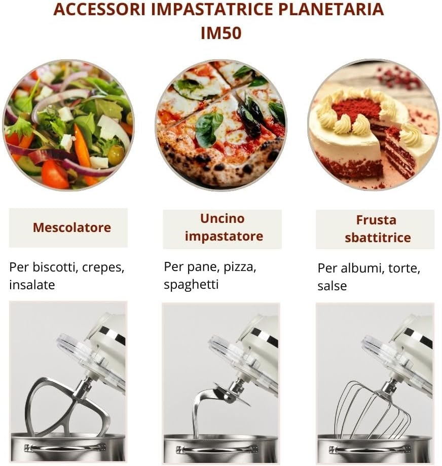 Girmi IM50 Impastatrice Planetaria, 2200W Max, 8 Litri, 6 Velocità, Pulse, Contenitore inox con maniglia, Dispositivo di sicurezza, Accessori inclusi, Panna