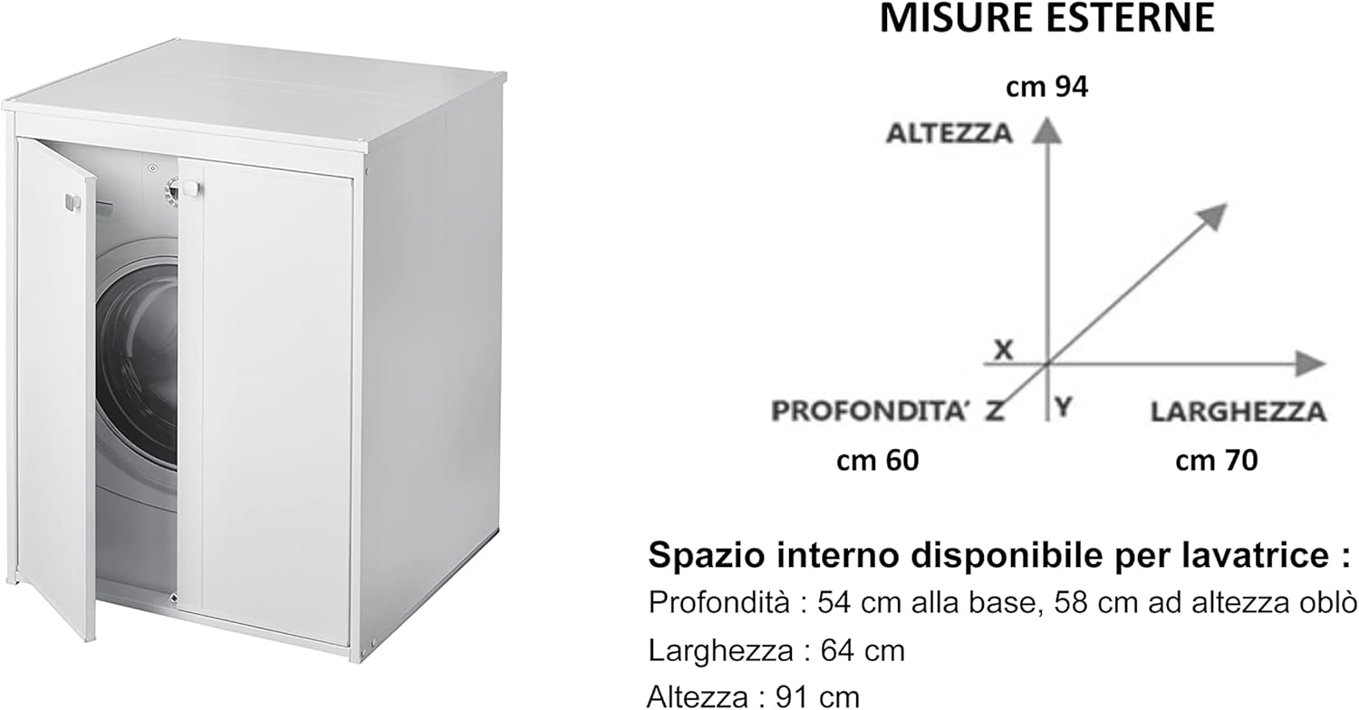 Negrari 5012P/5017P Mobile coprilavatrice con scaffale portaoggetti, Resistente all'umidità, Kit di Fissaggio a Muro Incluso, Interno e Esterno, L70 x P60 x H94, Bianco, 70 X 60 X 94