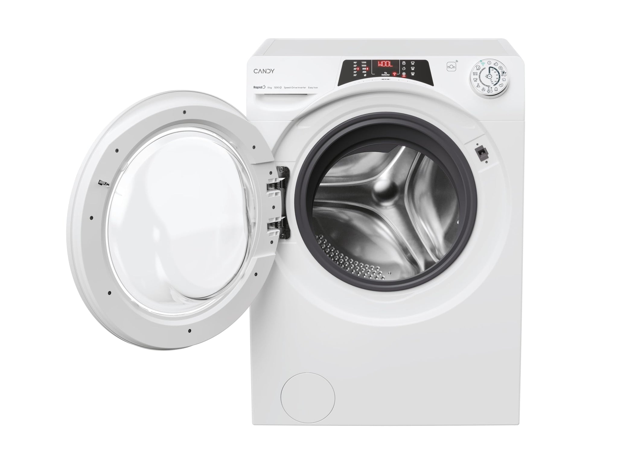 Candy RapidO RO 1284DWMT/1-S Lavatrice 8 KG, 1200 RPM, Schermo Smart Text, Pannello Smart Touch, Wi-Fi, Snap & Wash, 16 cicli, 9 rapidi, motore inverter, funzione vapore, avvio ritardato 24H, 74 DB,