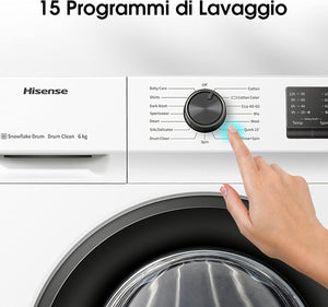 Hisense WFVC6010E - Lavatrice a Carica Frontale 6 Kg, 1000 rpm, 15 Programmi, Display LED, Programma Rapido, Partenza Ritardata, Child Lock