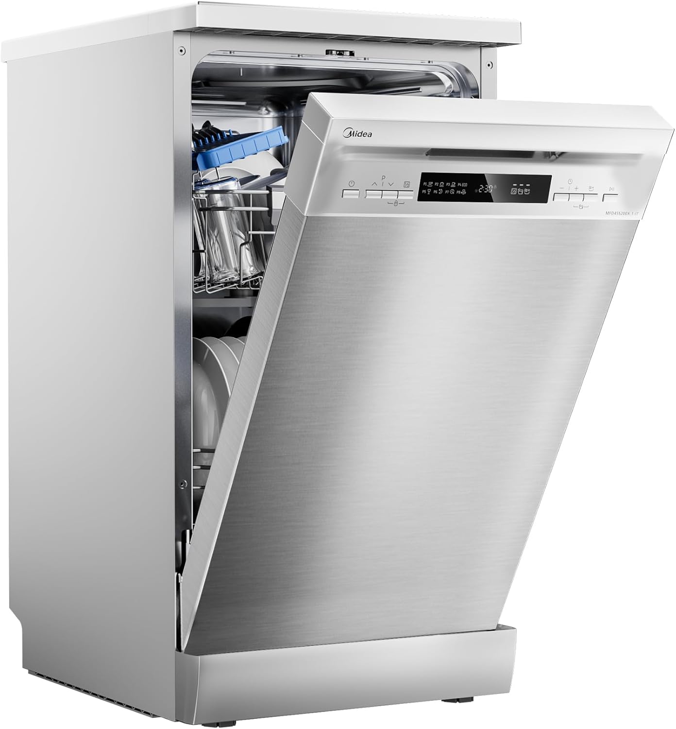 Midea MFD45S200X.1-IT Lavastoviglie Libera Installazione con 10 coperti, 8 Programmi, Display a LED, Partenza Ritardata, Funzione di Mezzo Carico, Asciugatura Extra - Inox