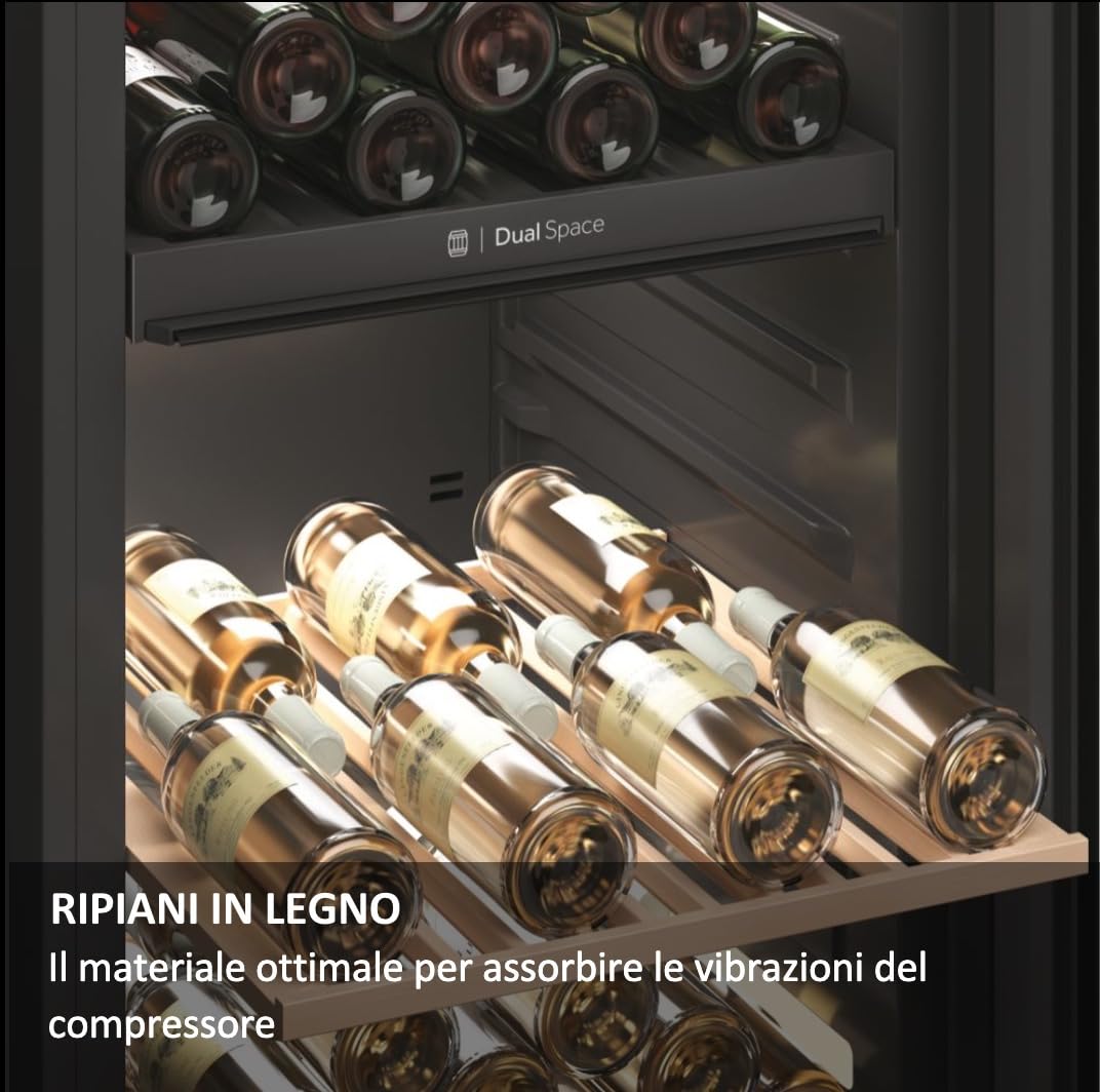 Haier Wine Bank 50 Serie 5 Cantinetta Vino, 49 Bottiglie, 1 Zona, Vetro Anti-UV, LED 3D, Ripiani in Legno, Controllo tramite App, Libera Installazione, Classe F, 49,7 x 58,5 x 82 cm, Nera - HWS49GA