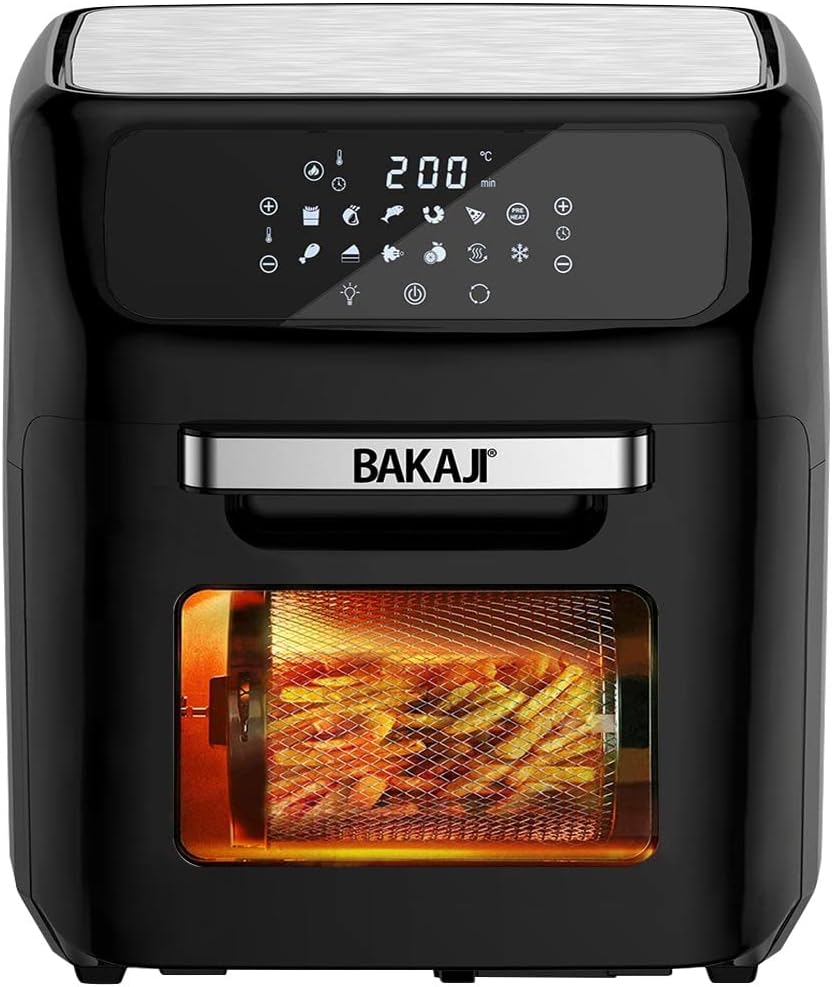 Bakaji Forno Friggitrice ad Aria Calda Frigge Cuoce Griglia Essicca Senza Olio Airfryer Capacità 12Lt Display LED Touch 12 Programmi Timer Regolazione Temperatura Potenza 1800W (Nero)