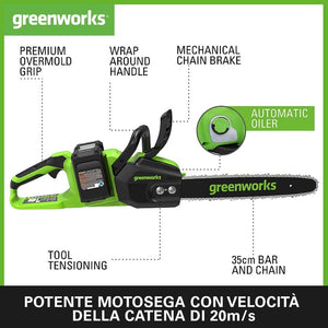 Greenworks 48V(2x24V) Motosega a Batteria con Motore Brushless, Lunghezza Barra 14 Pollice (35cm), Velocità Catena 20m/s, con due 4Ah e Caricabatterie Gemello, Garanzia 3 Anni-GD24X2CS36K4X