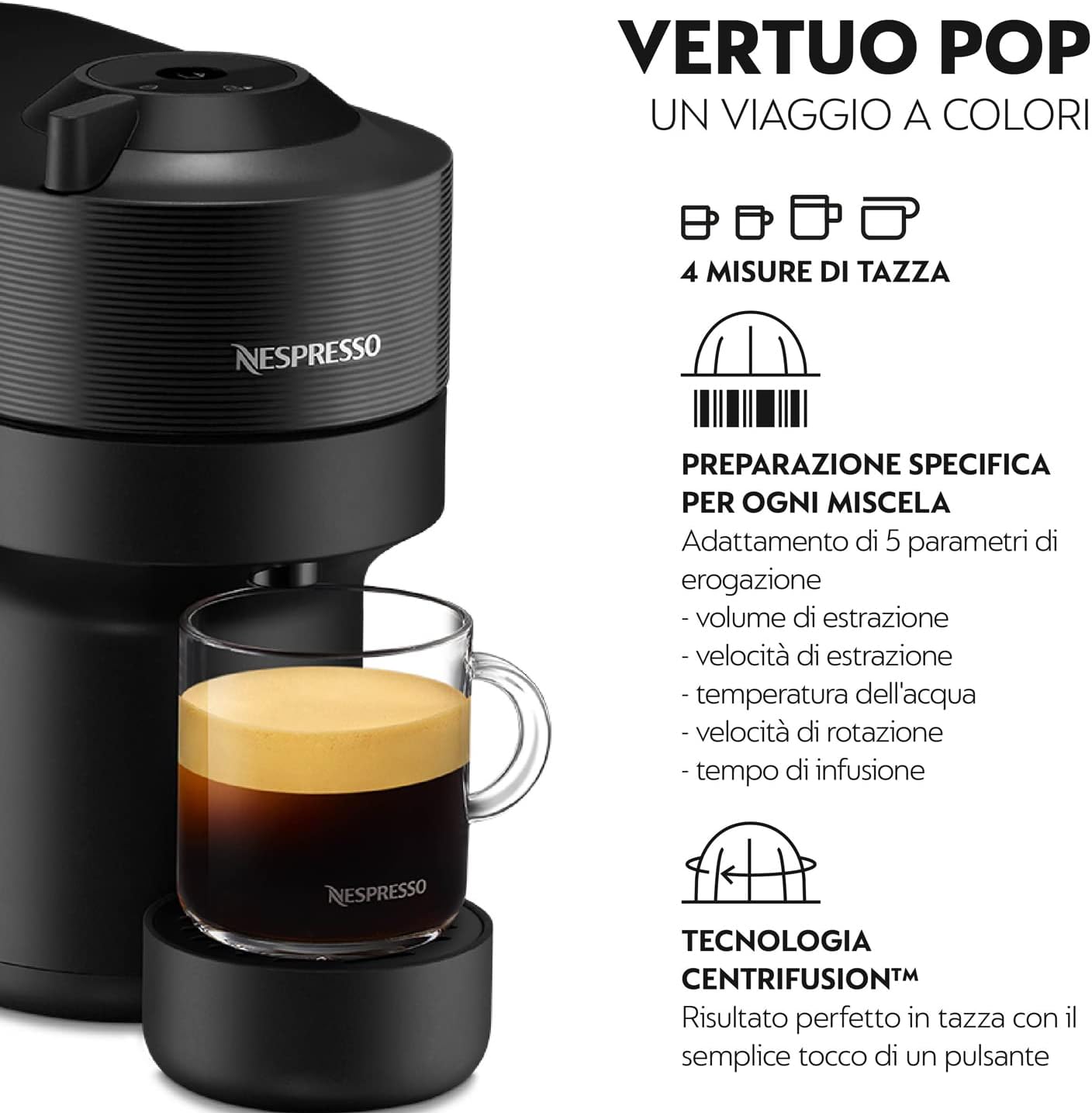 De'Longhi Nespresso Vertuo Pop ENV90.B, Macchina Caffè a Capsule con Tecnologia Centrifusion, 4 Formati in Tazza, Incluso Set di Benvenuto con 12 Capsule, 1260W, Liquorice Black