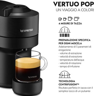 De'Longhi Nespresso Vertuo Pop ENV90.B, Macchina Caffè a Capsule con Tecnologia Centrifusion, 4 Formati in Tazza, Incluso Set di Benvenuto con 12 Capsule, 1260W, Liquorice Black