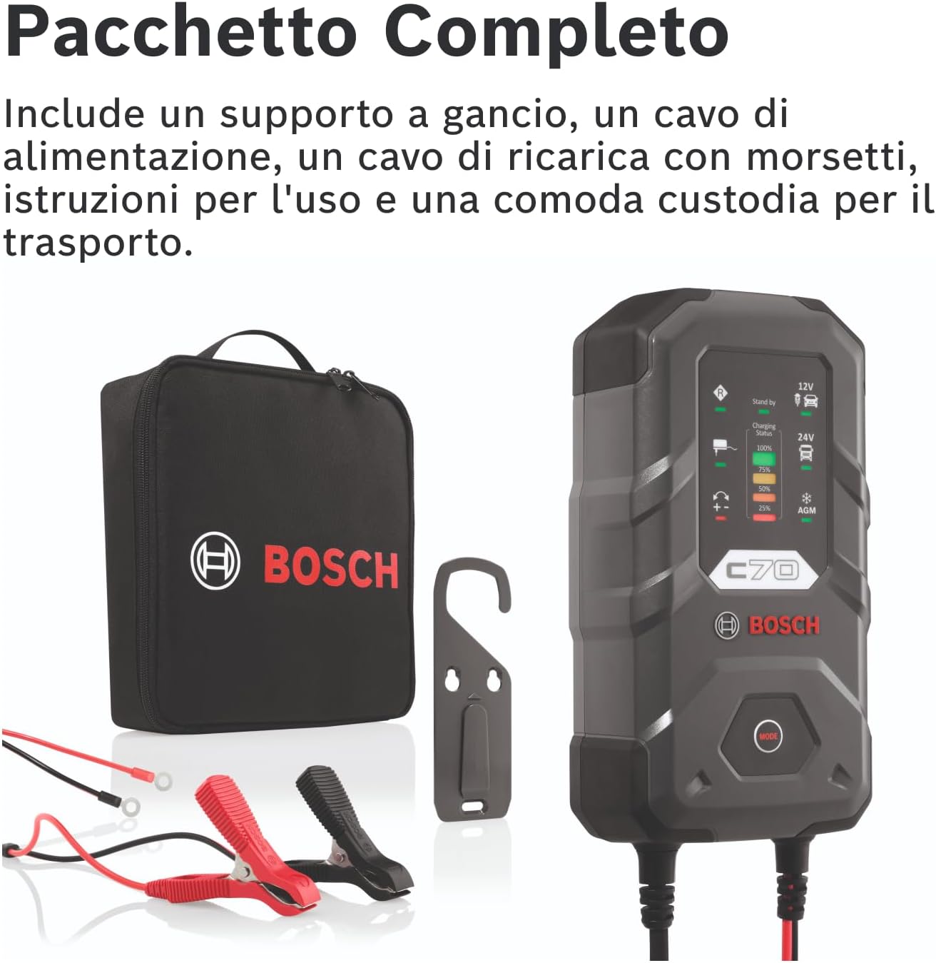Bosch Automotive C7 Caricabatterie Intelligente E Automatico 12V-24V / 7A, Per Batterie Al Piombo-Acido, Auto E Veicoli Commerciali Leggeri