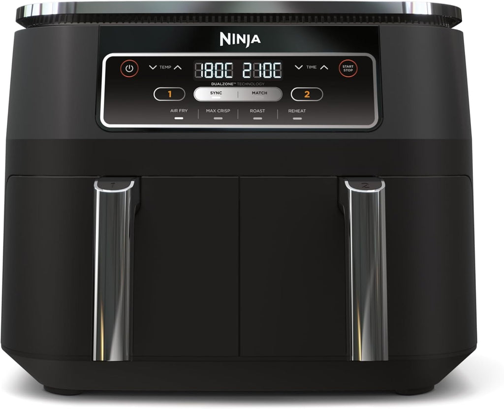 Ninja Foodi Dual Zone Airfryer Hot Air Fryer, 2 Compartments, 7.6 L, 4-in-1, Oil Free, Hot Air Frying, Max Crisp, Fry, Reheat, Non-Stick, Dishwasher Safe Basket & Crisp Tray, Black AF200EU
