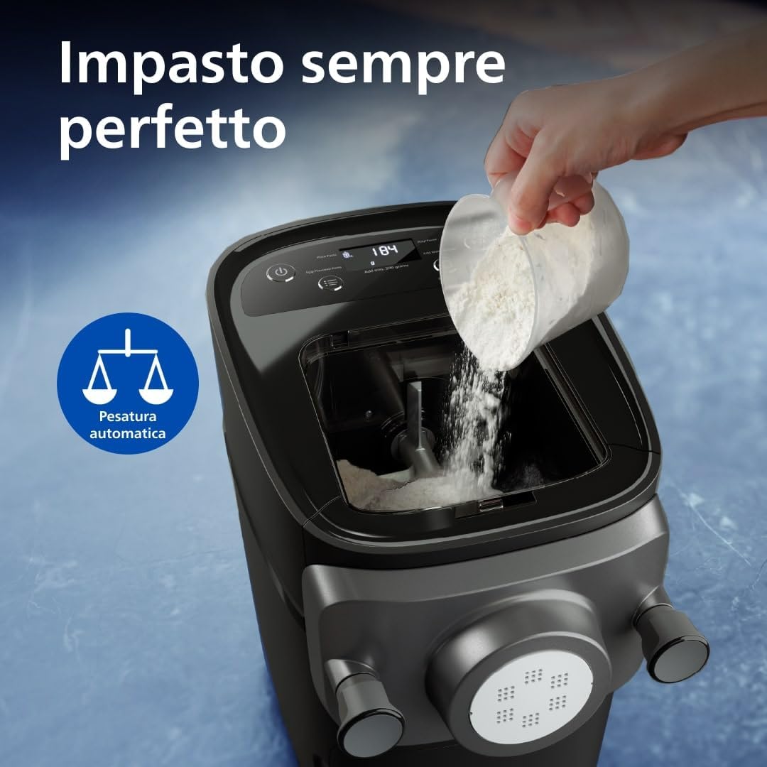 Philips Serie 7000 Macchina per la Pasta - Tecnologia ProExtrude, Pesatura Automatica, 8 Trafile, Impasto Perfetto, Facile da Pulire, Fino a 8 Porzioni, Nero (HR2665/93)