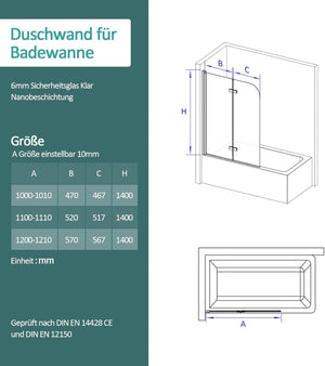 EMKE 120 x 140 cm parete divisoria doccia per vasca da bagno da bagno pieghevole parete doccia divisoria doccia vasca da bagno 2 pezzi 6 mm vetro rinforzato parete doccia vasca da bagno