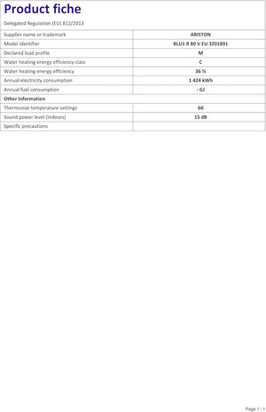 Ariston Scaldabagno Elettrico Blu1 R 80 Litri, 1,5K EU