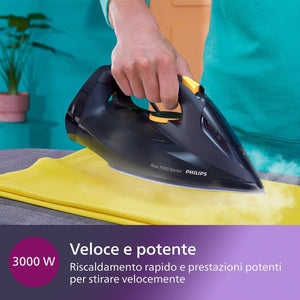 Philips Azur Serie 7000 Ferro da stiro a vapore - 3000 W, Vapore Continuo 55g/min, Colpo vapore da 250 g, vapore verticale, piastra SteamGlide Elite, Blu/Giallo (DST7060/20)