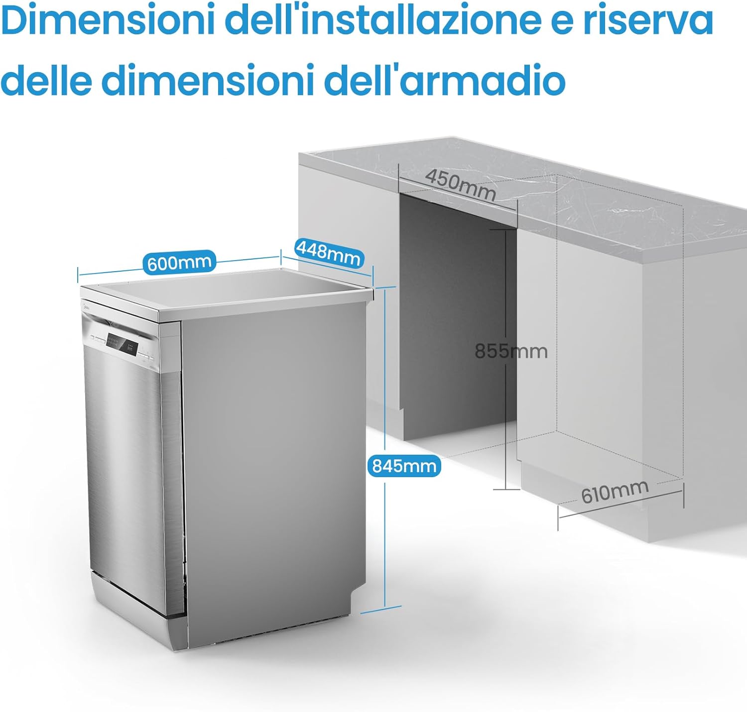 Midea MFD45S200X.1-IT Lavastoviglie Libera Installazione con 10 coperti, 8 Programmi, Display a LED, Partenza Ritardata, Funzione di Mezzo Carico, Asciugatura Extra - Inox
