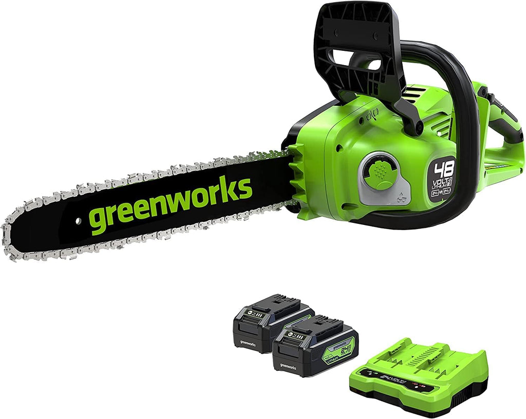 Greenworks 48V(2x24V) Motosega a Batteria con Motore Brushless, Lunghezza Barra 14 Pollice (35cm), Velocità Catena 20m/s, con due 4Ah e Caricabatterie Gemello, Garanzia 3 Anni-GD24X2CS36K4X