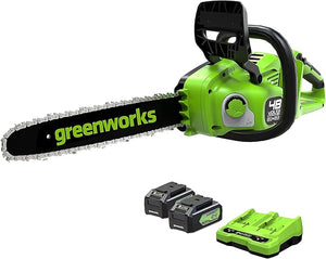 Greenworks 48V(2x24V) Motosega a Batteria con Motore Brushless, Lunghezza Barra 14 Pollice (35cm), Velocità Catena 20m/s, con due 4Ah e Caricabatterie Gemello, Garanzia 3 Anni-GD24X2CS36K4X