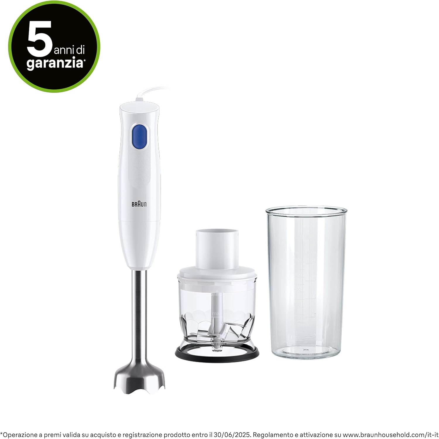 Braun MultiQuick 1 MQ10.201MWH con 5 ANNI DI ASSISTENZA, Frullatore ad Immersione Leggero, Tecnologia EasyTwist, Tritatutto da 350ml e Bicchiere da 600ml Inclusi, 450W, Bianco