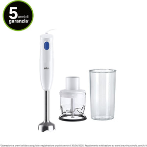 Braun MultiQuick 1 MQ10.201MWH con 5 ANNI DI ASSISTENZA, Frullatore ad Immersione Leggero, Tecnologia EasyTwist, Tritatutto da 350ml e Bicchiere da 600ml Inclusi, 450W, Bianco
