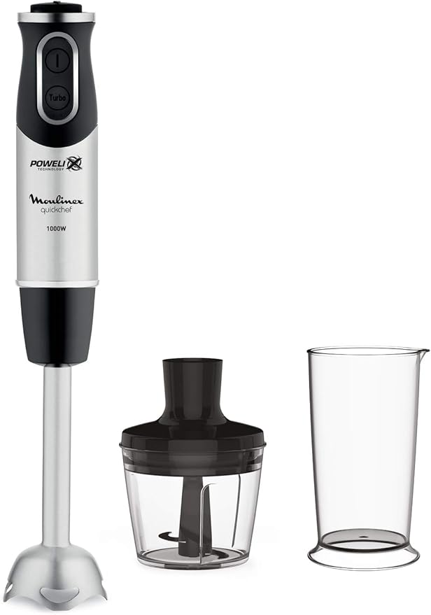 Moulinex DD6578 Quickchef 2in1 Frullatore a Immersione, 1000 W, Mixer con Tecnologia Powelix e 10 Velocità, 2 Accessori, Bicchiere 800 ml e Tritatutto 500 ml, Lame in Acciaio Inossidabile
