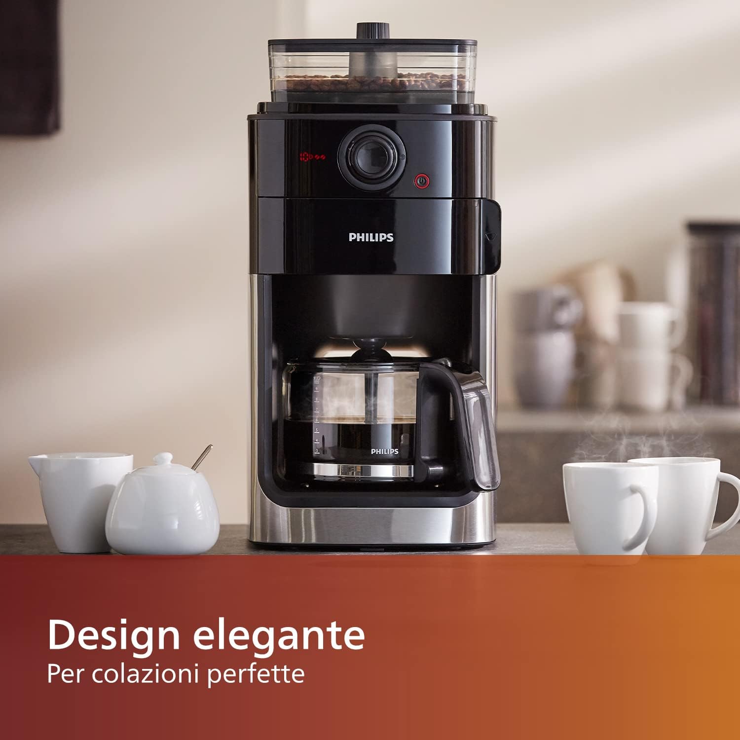 Philips Macchina da Caffè Americano con Macinacaffè - Caraffa in Vetro da 1.2 L, 12 Tazze, Nero/Metallo (HD7767/00)
