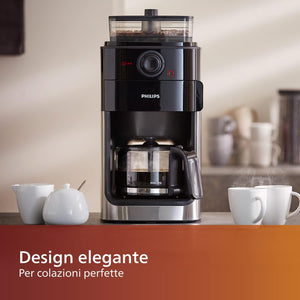 Philips Macchina da Caffè Americano con Macinacaffè - Caraffa in Vetro da 1.2 L, 12 Tazze, Nero/Metallo (HD7767/00)