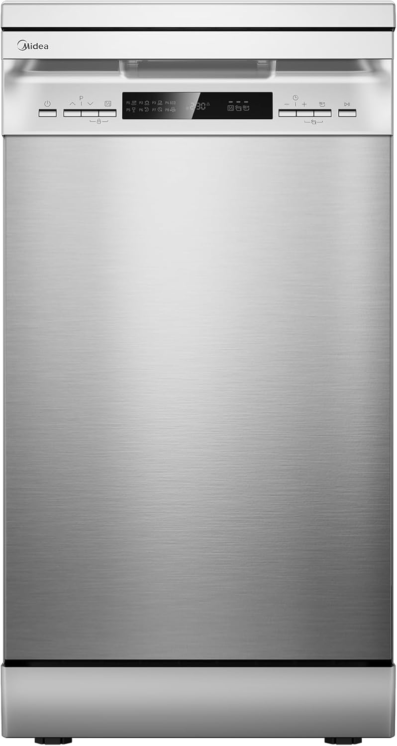 Midea MFD45S200X.1-IT Lavastoviglie Libera Installazione con 10 coperti, 8 Programmi, Display a LED, Partenza Ritardata, Funzione di Mezzo Carico, Asciugatura Extra - Inox