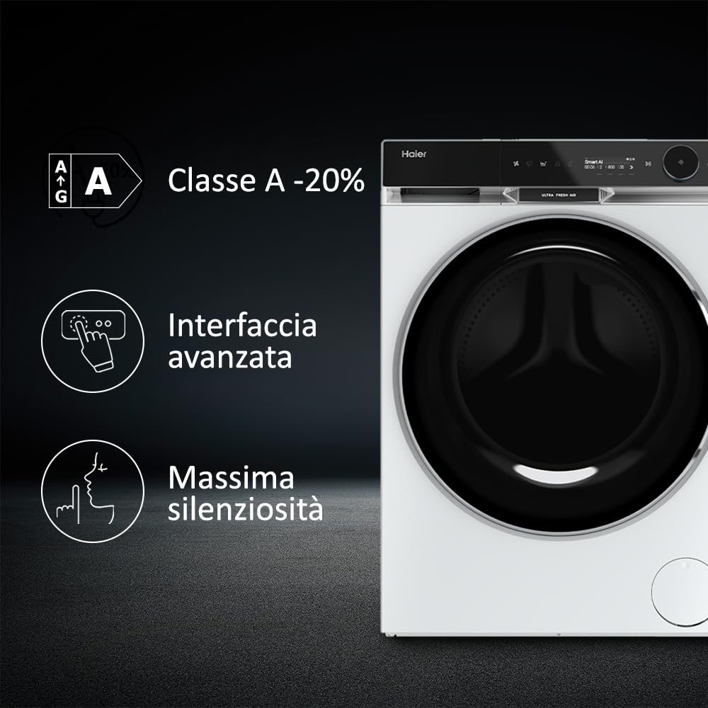 Haier X Serie 11, Lavatrice a carica frontale 10 KG, Libera Installazione, Classe A-20%, 1400 giri, Vapore, 16 programmi, Intelligenza Artificiale, Capacità XXL, 85x60x61 cm, Bianca - HW100-BD14397U1S