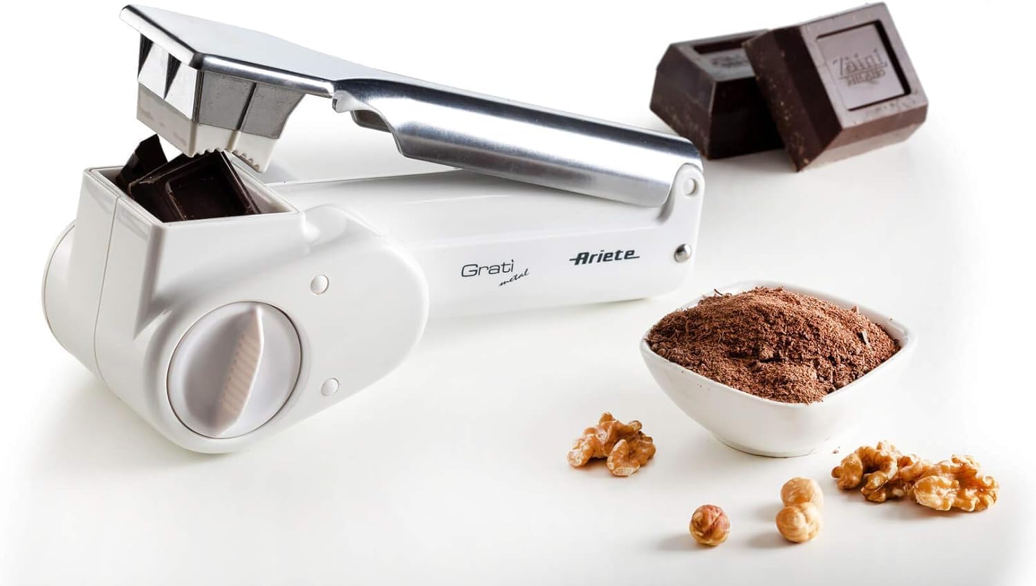 Ariete 44 Gratì Metal - Grattugia Elettrica Senza Filo - 1 kg formaggio con 1 ricarica - 2 rulli fori grandi e fini - bianco e argento