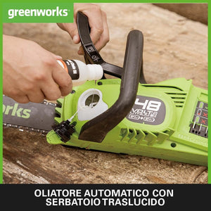 Greenworks 48V(2x24V) Motosega a Batteria con Motore Brushless, Lunghezza Barra 14 Pollice (35cm), Velocità Catena 20m/s, con due 4Ah e Caricabatterie Gemello, Garanzia 3 Anni-GD24X2CS36K4X