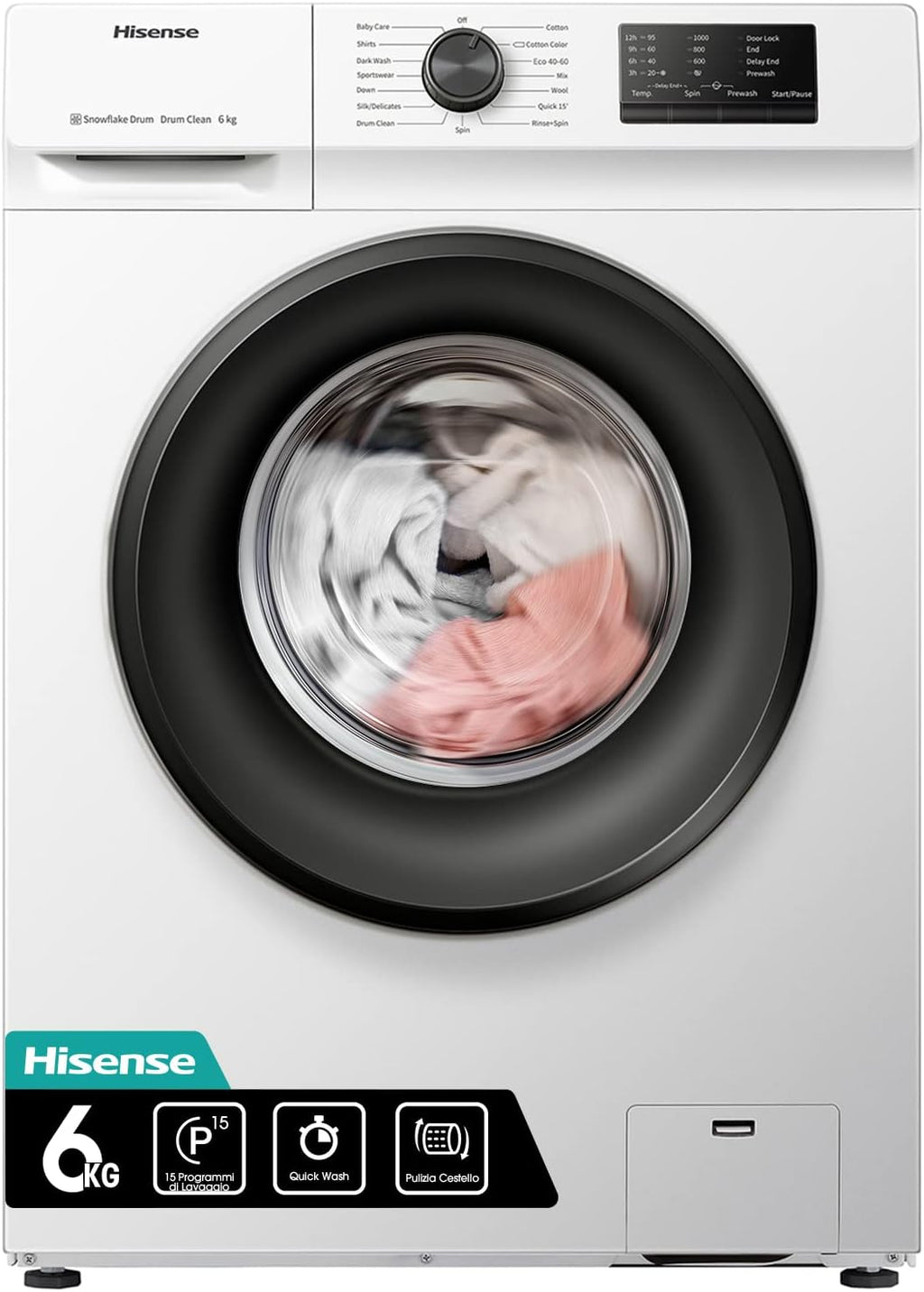 Hisense WFVC6010E - Lavatrice a Carica Frontale 6 Kg, 1000 rpm, 15 Programmi, Display LED, Programma Rapido, Partenza Ritardata, Child Lock