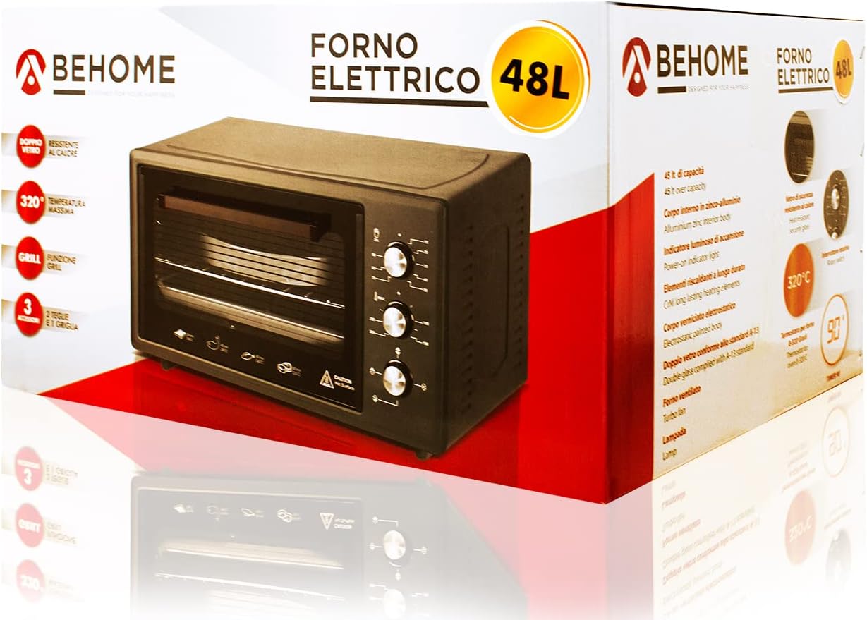 BEHOME Forno Elettrico Ventilato 48 litri con Girarrosto, Autopulente e Smaltato, Temperatura fino a 320° Doppio Vetro con Luce Interna e Timer 2 Teglie e 1 Griglia (Grigio)