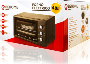 BEHOME Forno Elettrico Ventilato 48 litri con Girarrosto, Autopulente e Smaltato, Temperatura fino a 320° Doppio Vetro con Luce Interna e Timer 2 Teglie e 1 Griglia (Grigio)